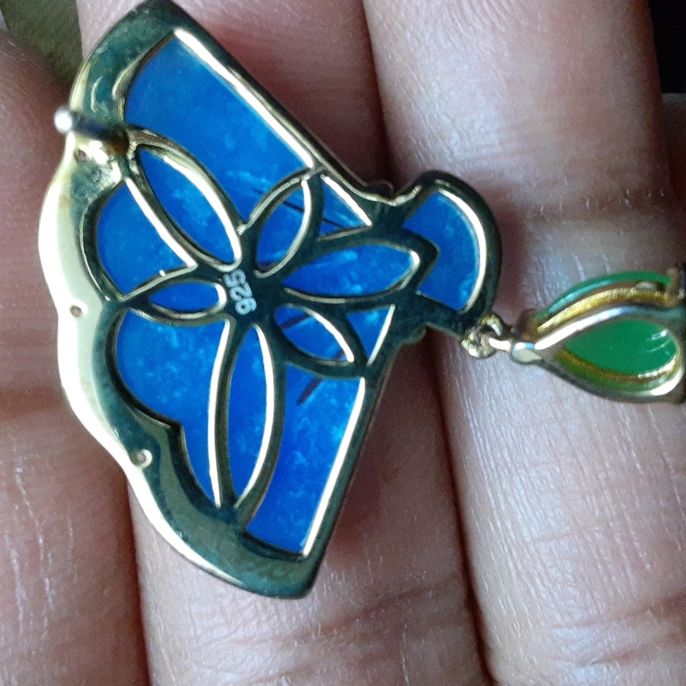 Gold over 925, Blue and Green Burmese Jade, Citrine and natural White Zircons - Picture 3 of 7